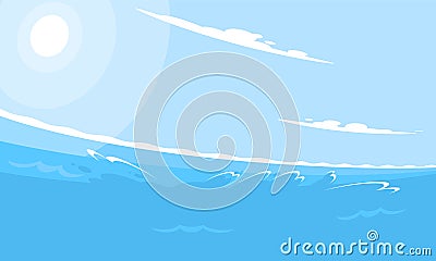 Creative perspective flat style sea background. Dynamic sunny seascape with waves clouds and bright sunshine. Vector Illustration