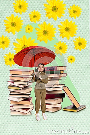 Creative photo artwork of young happy beautiful schoolgirl hold red umbrella dropping yellow daisy flowers stack books Stock Photo