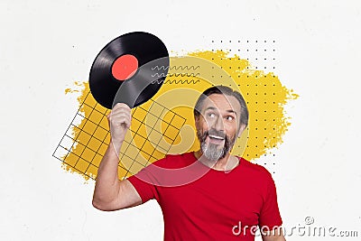 Creative photo collage of mature aged music lover man wear red t-shirt nostalgia hold old school retro vinyl record Stock Photo