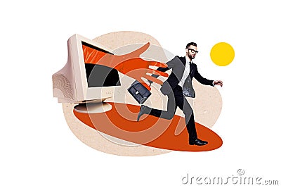 Creative photo collage running young businessman escape arm try catch reach pc monitor screen display surreal concept Stock Photo