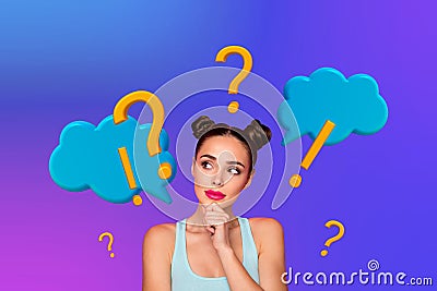 Creative photo collage young curious questioned girl textbox exclamation mark ask why textbox bubble dialog drawing Stock Photo