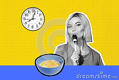 Creative photo collage young woman eat morning early food milk flakes bowl nutrition calories weightloss dieting clock Stock Photo