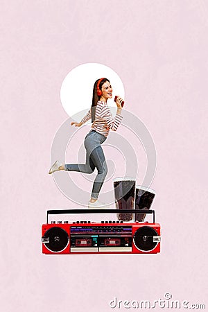 Creative photo composite collage of positive happy girl in headphones sing in cellphone dance on boombox isolated Stock Photo