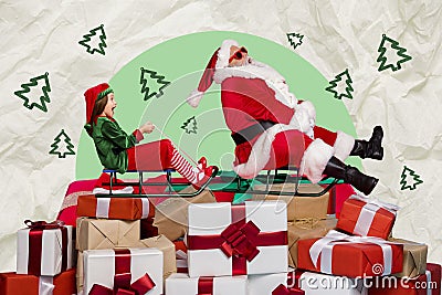 Creative photo 3d collage artwork poster postcard greeting card of santa claus team hurry deliver gifts isolated on Stock Photo