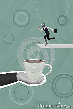 Creative photo 3d collage artwork poster postcard of young person hurry drink coffee feel energetic cheerful isolated on Stock Photo