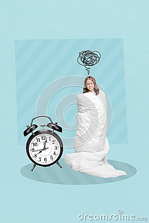 Creative photo 3d collage artwork poster of unhappy girl dont want leave bed wake up go school lessons isolated on Stock Photo