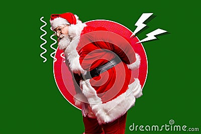 Creative photo 3d collage postcard poster brochure picture of old santa suffer pain after delivering gifts isolated on Stock Photo