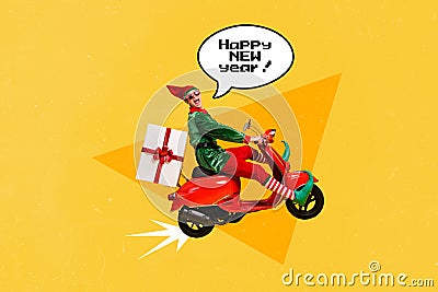 Creative photo 3d collage postcard poster greeting picture card of young crazy person hurry give gifts isolated on Stock Photo