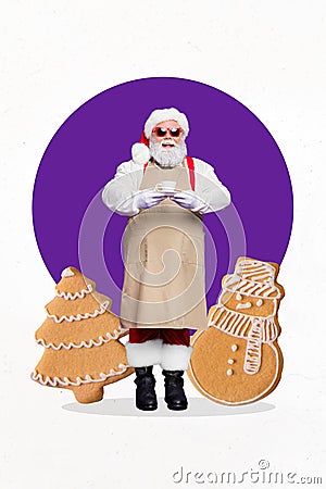 Creative photo 3d collage postcard poster picture card of santa inviting join dinner delicious tasty meal isolated on Stock Photo