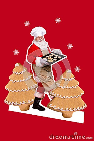 Creative photo 3d collage postcard poster picture invitation card of santa go carry sweets enjoy supper isolated on Stock Photo