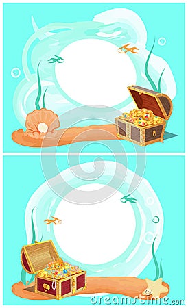 Creative Photo Frames with Treasure in Sea Set Vector Illustration