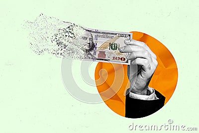 Creative photo poster picture collage collapsing dollar banknote arm holding cash money bankrupt decrease income funds Stock Photo