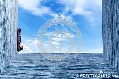 Creative picture bending seascape with ship. Twisted reality. Curved space Stock Photo