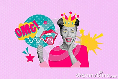 Creative picture collage young astonished girl royal golden crown comics concept omg wow reaction surprise party crown Stock Photo