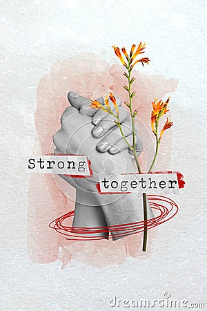 Creative picture drawing banner collage of two hands helping support unity strength togetherness concept Stock Photo