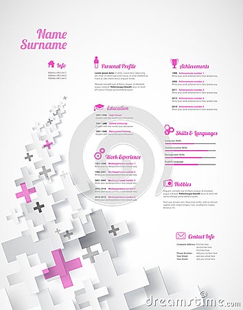 Creative, pink color CV / resume template. Vector Illustration