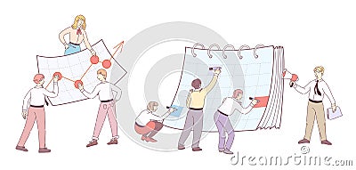 Creative planning schedule with calendar. Teamwork, increase financial result. Team together is engaged in financial planning. Vector Illustration