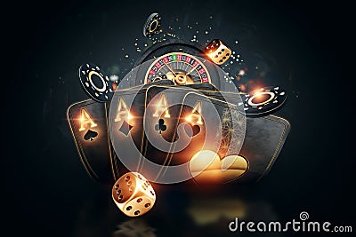 Creative poker template, background design with golden playing cards and poker chips on a dark background. Casino concept, Cartoon Illustration