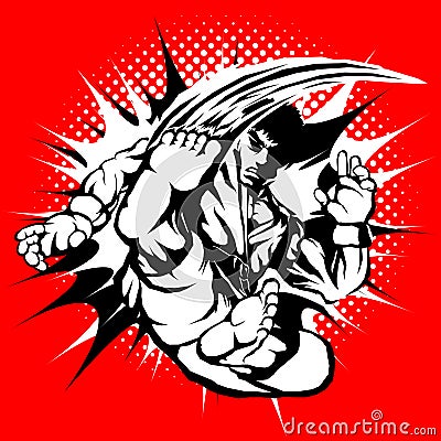 Creative popular martial arts, karate, taekwondo etc. cruel male fighter character shown super high jump kick movement with fire e Vector Illustration