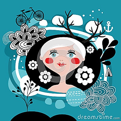 Creative portrait of blond girl from Scandinavia. Vector Illustration