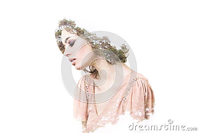 Creative portrait double exposure effect. Ecology. Stock Photo