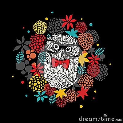 Creative portrait of hipster owl in glasses. Vector illustration with floral elements. Vector Illustration