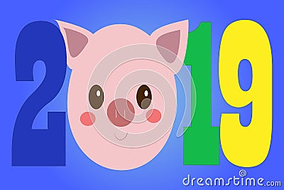 Creative postcard for New 2019 Year with cute pig. Vector Illustration