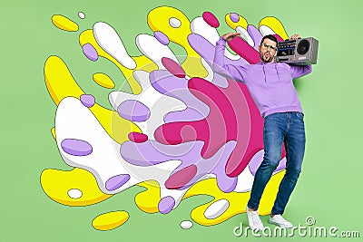 Creative poster collage of active lady guy dj energetic party hold retro vintage tape recorder boombox have fun Stock Photo