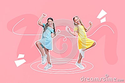 Creative poster collage of active small two children girls dresses dancing have fun concert perform friendship sisters Stock Photo