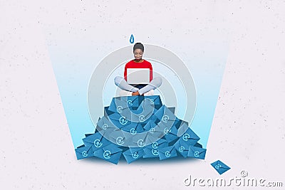 Creative poster collage banner of lady sit heap pile letters addicted online communication blogging using netbook Stock Photo