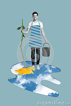 Creative poster collage of cute young handsome man holding daisy flower washing floor eco cleaning house sky clouds Stock Photo