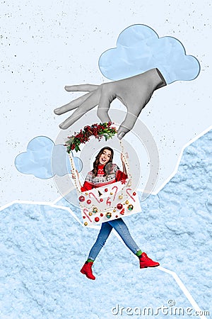 Creative poster collage of funny female polaroid photo frame photographing social media new year atmosphere christmas Stock Photo