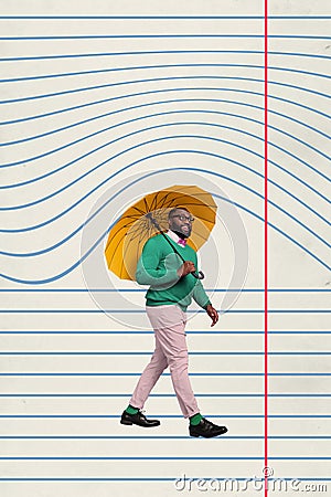 Creative poster collage of funny male walking hold umbrella rainy paper lines copybook notebook ruled page magazine Stock Photo