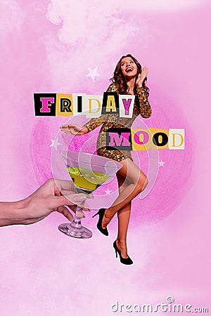 Creative poster collage of funny young girl celebrate friday mood hand hold martini alcohol have fun dance magazine Stock Photo