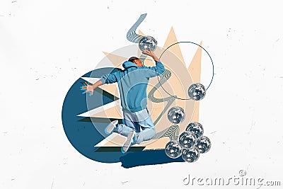 Creative poster illustration picture sporty young man throwing discoballs play basketball game party clubbing white Cartoon Illustration