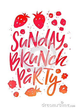 Creative Poster for Sunday Brunch Party. Hand Drawn Fruits and Berries in Isolated on White Vector Illustration