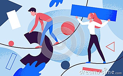Creative problem solving, people holding abstract figures and forms, create solutions Vector Illustration