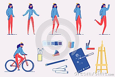 Creative Profession Character - Poses, Action Set. Vector Illustration