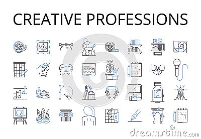 Creative professions line icons collection. Fashion industry, Media careers, Artistic jobs, Innovative fields, Inventive Vector Illustration