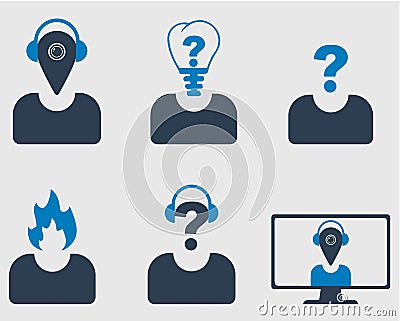 Creative Profile Icon Set. Location, Fire, Question sign and Bulb used as head of Man. Vector Illustration