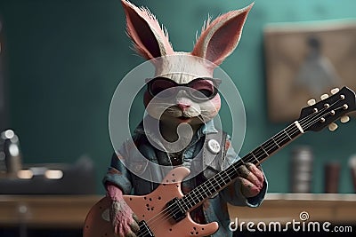 A creative rabbit dressed up in punk rock style plays the guitar. AI generated Stock Photo
