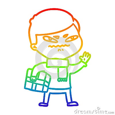 A creative rainbow gradient line drawing cartoon angry man carrying parcel Vector Illustration