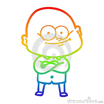 A creative rainbow gradient line drawing cartoon bald man staring Vector Illustration