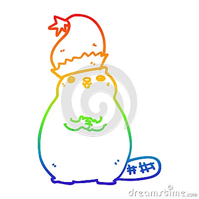 A creative rainbow gradient line drawing cartoon christmas beaver Vector Illustration