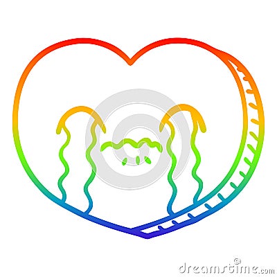 A creative rainbow gradient line drawing cartoon crying love heart Vector Illustration