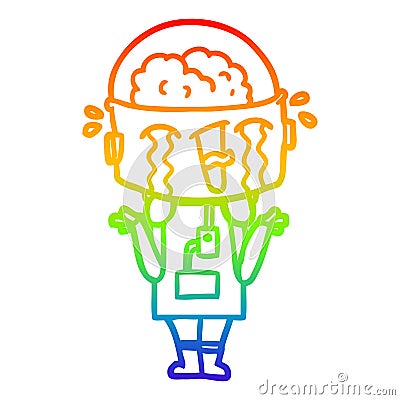 A creative rainbow gradient line drawing cartoon crying robot shrugging shoulders in confusion Vector Illustration