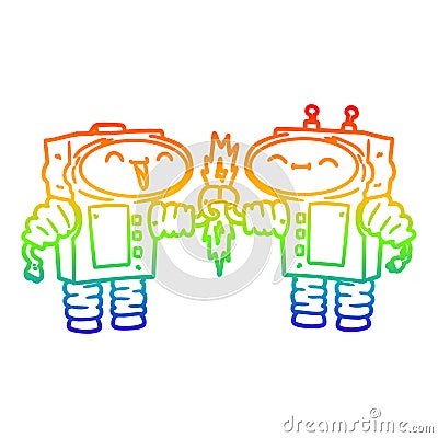 A creative rainbow gradient line drawing cartoon robots connecting Vector Illustration