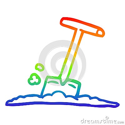 A creative rainbow gradient line drawing cartoon shovel in dirt Vector Illustration