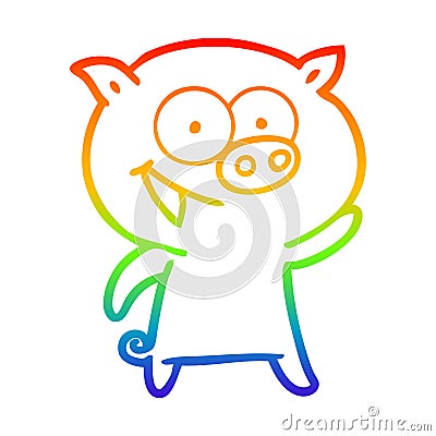 A creative rainbow gradient line drawing cheerful pig cartoon Vector Illustration