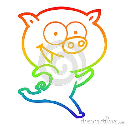 A creative rainbow gradient line drawing cheerful running pig cartoon Vector Illustration